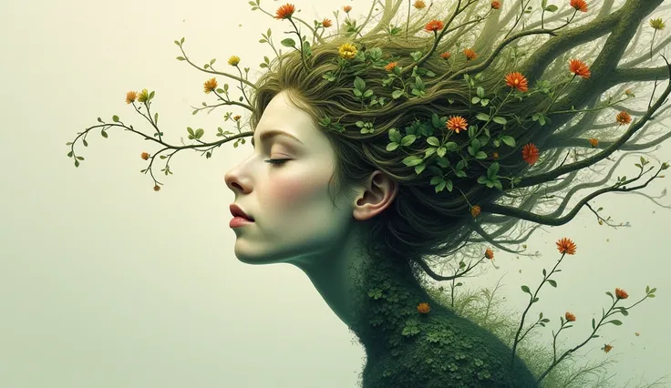 The fusion of nature and humanity: Draw a graphic that represents the fusion of a human face and natural elements, Like leaves, Flowers, or vine. Eyes can be closed, Symbolizes inner peace, and the hair could flow into tree branches or Flowers, Represents ...