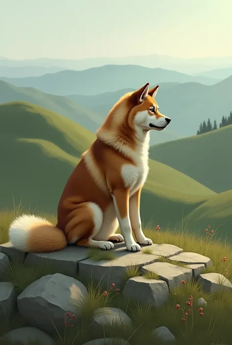 coloring picture, Akita dog sitting on a hill waiting for its owner, half its hind legs and body, tail made of stone 