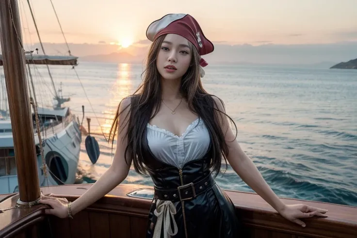 20-year-old super beautiful Japanese female pirate , Beautiful female pirate standing on the deck of an old sailboat pirate ship。 pictures of super beautiful and cute Japanese female pirates that are big hits around the world。名作で有名な巨匠の写真家が撮影した大ヒットのmasterpi...