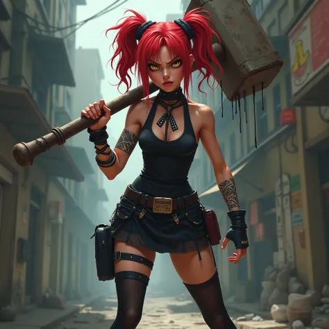  Punk Girl Women , , irritated look , Holding a giant hammer, Red hair, Twinkle Tie ,  yellow eyes, Black bodysuit , Low Waist,  Black Short Skirt , Black tights,  Dark Blue High Heels