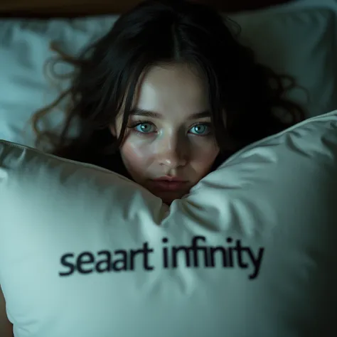 Live-Action, Real, ExtremelyDetailed Innocent BISHOUJO on  bed, hugging a large pillow with the words "SeaArt Infinity" , Overflowing Huge Boobs with GiganticCleavage, Nipples are hidden Completely by the pillow, Haunting Beautiful Reflective Eyes, Glowing...