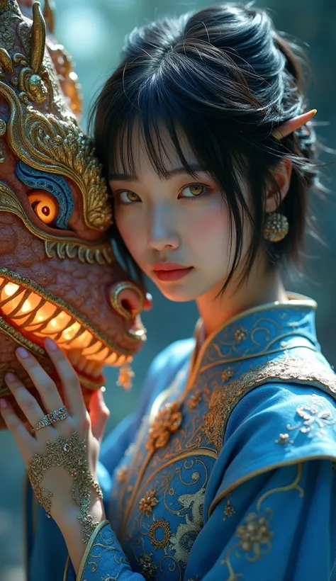 (hyperrealistic photo with intricate details at an 8K resolution), showing a (((stunningly beautiful Korean female warrior with luxuriously Short hair, poised confidently)), ((she is elegantly dressed in a sleek, ((blue and gold)) armor, adorned with shimm...