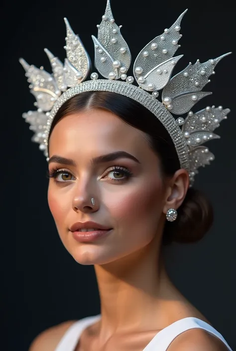 The winner of Miss Universo wears a crown like this
 Structure of the crown: Imagine an elegant circular crown frame, or part of it with an open-sided design (semi-open) to avoid being too modern and opaque.  (semi-open), modern and not too opaque.

 Butte...