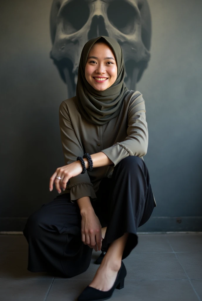  A beautiful Indonesian woman wearing a slightly chubby face hijab smiling sweetly looking teeth, shirt blouse elegant style cool , cool pants black heals shoes are sitting on a giant cardboard sage color ash background shiny ash picture cool looking pictu...