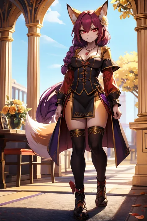 [ best quality , SHADING,  extreme detail ,  very detailed ,  ultra detailed , Complex, realistic],  Anthropomorphic female character with the body of a female fox,  golden fur with red hair with golden tail with purple tip,  straight hair combed in braid ...