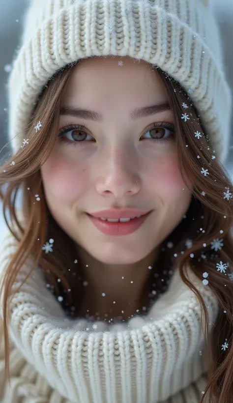 Woman 35 years old cute in a white knitted hat, on the eyelashes and hair snowflakes, close-up portrait, day