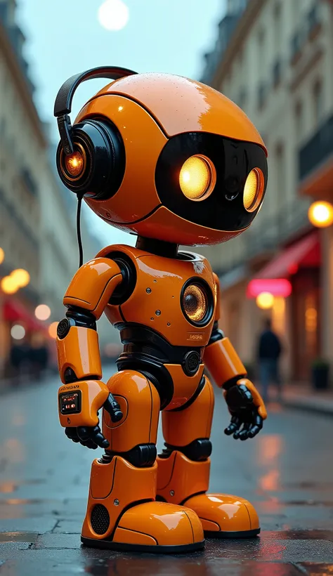  cute cyberpunk robot that personifies a high-class speaker and condenser microphone、 it stands on a street corner in Paris, France、 cute robot with headphones 、 background is a Parisian cityscape 、The moon is visible in the night sky、The robots body is or...