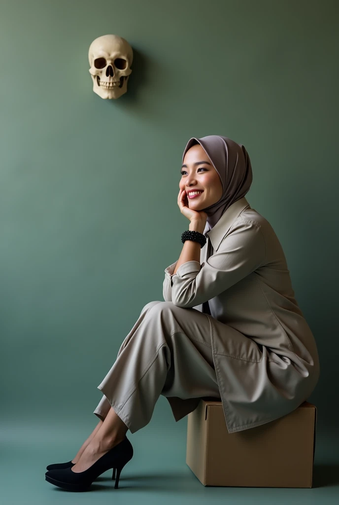  A beautiful Indonesian woman wearing a slightly chubby face hijab smiling sweetly looking teeth, Elegant cool closed style blouse shirt, cool pants black heals shoes are sitting on a giant cardboard sage color ash background shiny ash picture cool looking...