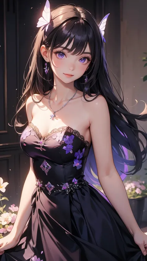 Strapless dress，masterpiece,  is of the best quality,  high resolution,  1 girl at home, Super  high resolution,  unique , stocking,  purple eyes , , Long hair,  bangs，necklace，Flowers，Butterfly，Smile