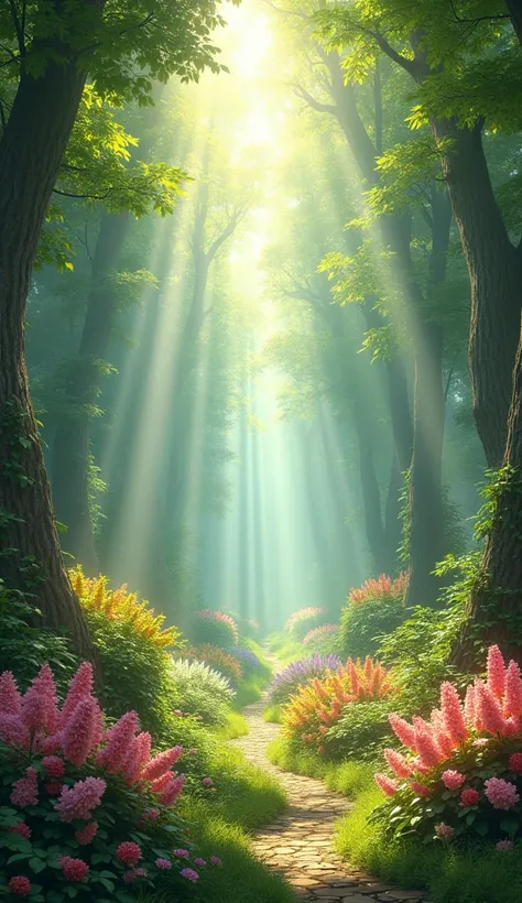  Make a beautiful garden as if it were the garden of Eden. In the sky rays of light fall on the flowers on the trees .