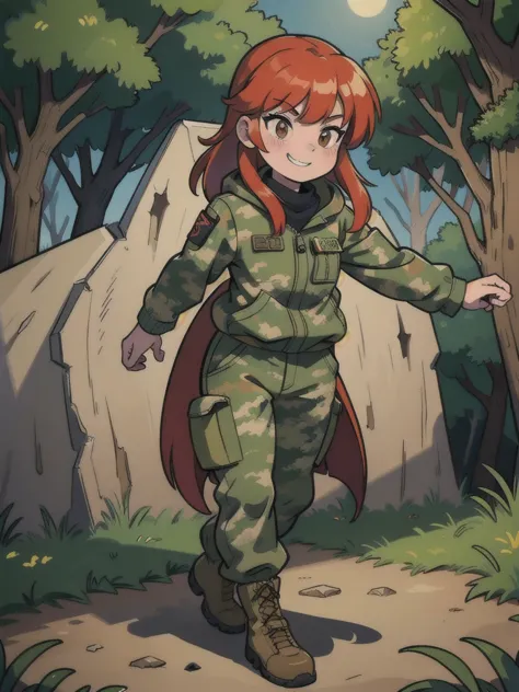 girl with smile and red hair, with a camouflage jacket, tactical glovers, camouflage balaclava, camouflage pants and army boots,...