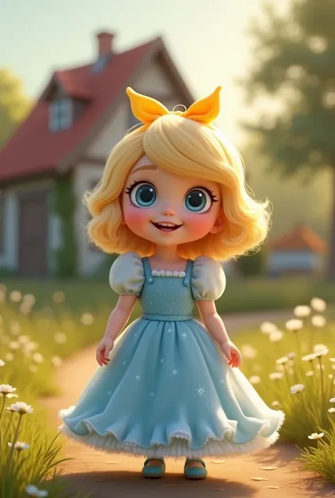 In the heart of a cozy, charming setting, a toddler dressed as Cinderella stands before a humble house. Her light blue gown, soft and flowing, sparkles delicately in the warm light. The gown’s long, fluffy sleeves billow out, adding a sense of magic and wo...