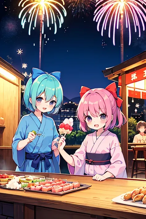 Cirnos Group (Touhou) Cirno and friends are enjoying the summer festival wearing cute yukata robes. They smile as they enjoy the summer night fireworks 🎇 and the festival stalls selling grilled squid, cotton candy, masks, and shaved ice 🍧.