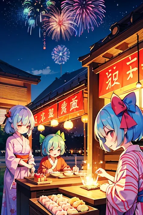 Cirnos Group (Touhou) Cirno and friends are enjoying the summer festival wearing cute yukata robes. They smile as they enjoy the summer night fireworks 🎇 and the festival stalls selling grilled squid, cotton candy, masks, and shaved ice 🍧.