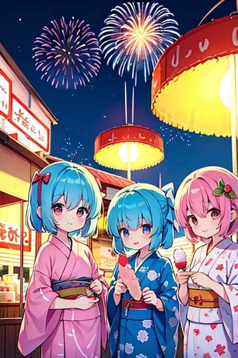 Cirnos Group (Touhou) Cirno and friends are enjoying the summer festival wearing cute yukata robes. They smile as they enjoy the summer night fireworks 🎇 and the festival stalls selling grilled squid, cotton candy, masks, and shaved ice 🍧.