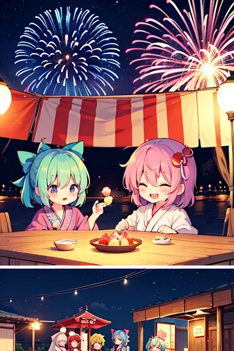 Cirnos Group (Touhou) Cirno and friends are enjoying the summer festival wearing cute yukata robes. They smile as they enjoy the summer night fireworks 🎇 and the festival stalls selling grilled squid, cotton candy, masks, and shaved ice 🍧.