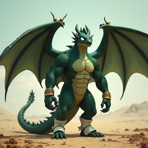  A dark green muscular winged dragon furry jock with white glowing eyes without pupils in gold bracelets, In white boots, standing in black pants against the backdrop of the desert 