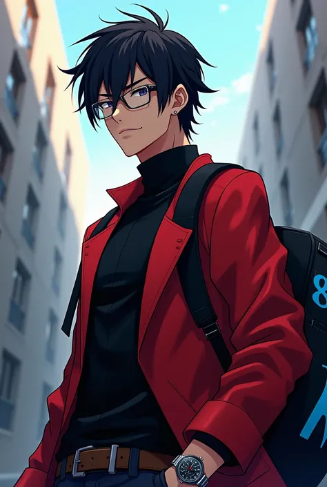  Anime men black shirt with red jacket, using mask , glasses, watch. big nose, slanted eyes, thick eyebrows.  Carrying black backpack with blue logo 