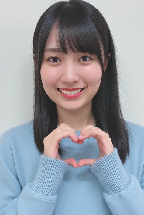 Only one woman with a cute smile wears cute, fluffy off-shoulder pajamas, makes a big heart shape with both hands, and poses them in front of her chest, View above collarbone、The background is a monotone 、
