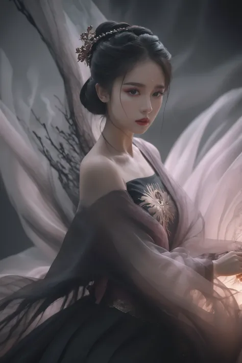 UHD, 8K, ultra detailed, a cinematic photograph of Dark Fantasy Art, a girl with Tulle skirt,making eye contact, dark, moody, dark fantasy style, beautiful lighting, great composition