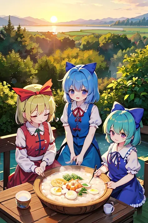 Cirno (touhou) group is spending New Years Day watching the first sunrise of the year. They have their first dream of the year, calligraphy, and enjoy rice porridge with seven herbs.
They are participating in Coming of Age Day with their fellow characters ...