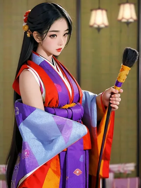  show me her armpits, sleeveless,(masterpiece,  best quality:1.2),  1 girl,  12 single, Alone,  very long black hair, Purple Tang Yi, Purple and red hakama, holding (),   blur the background  , Precise cuff depiction,