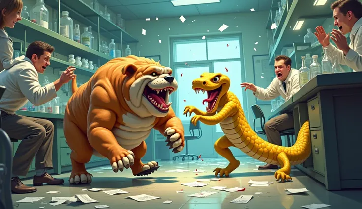 A big cartoon bulldog( light brown haired) and sly snake (yellow) is attacking other  lab workers (scared, running ) inside a laboratory 