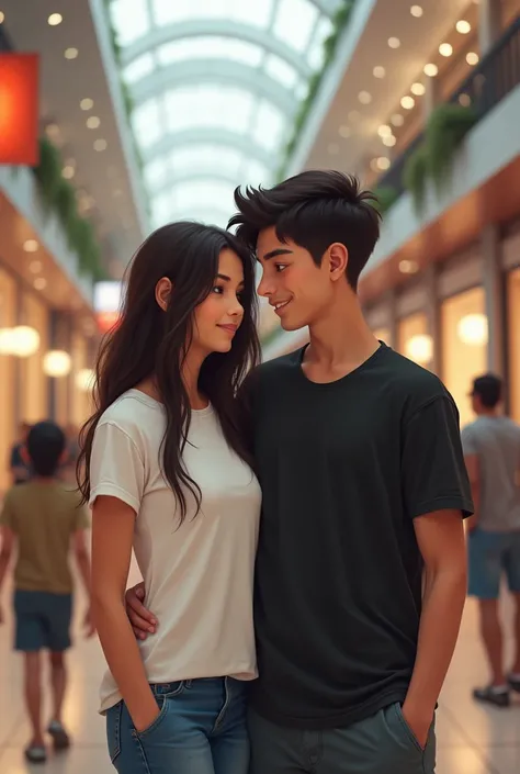  Mexican boy and girl couple between 10 and  . Wearing round neck t-shirts .  She wears a white t-shirt and he wears a black t-shirt in a shopping mall environment 