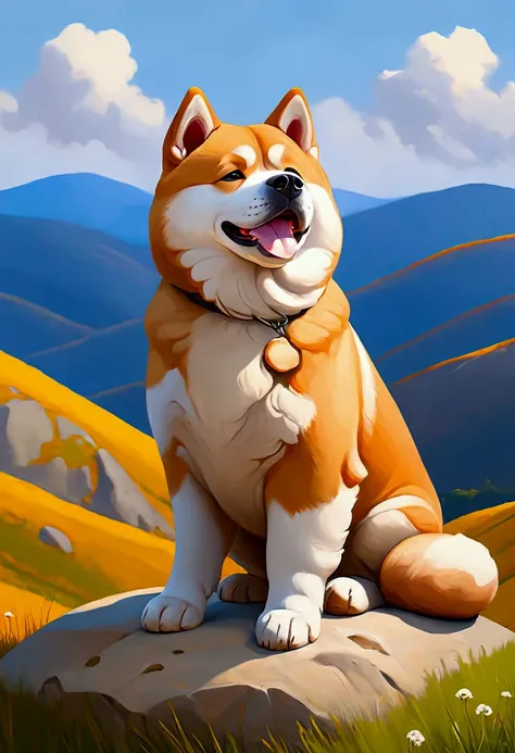 Oil painting, Akita dog sadly waiting for his owner on the hill, his back half made of stone