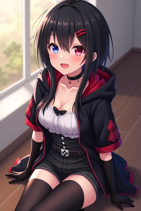 beautiful anime girl, black hair with strands in the front longer than those in the back, Short Layered Back, fringe covering his forehead, white and soft skin, Her small but well-formed body highlights her thighs and breasts,eyes of different colors, The ...