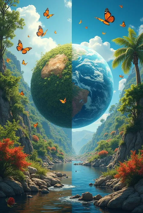  The poster divides the image into two parts . Side,  Heres a vibrant picture,  A healthy planet ,Covered with dense vegetation, Clean rivers ,  and thriving wildlife .  The planet on the other side is completely deserted , are occupied by plastic ,  There...