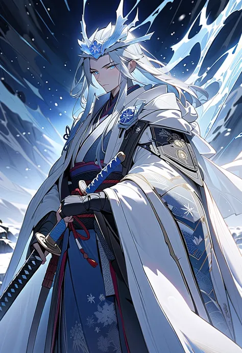 (masterpiece, best quality), 
A powerful and majestic figure representing Winter General (Snow Shogun), inspired by Japanese traditional aesthetics. 
Winter General is dressed in ornate samurai armor adorned with frost and icicles, with snowflake patterns ...