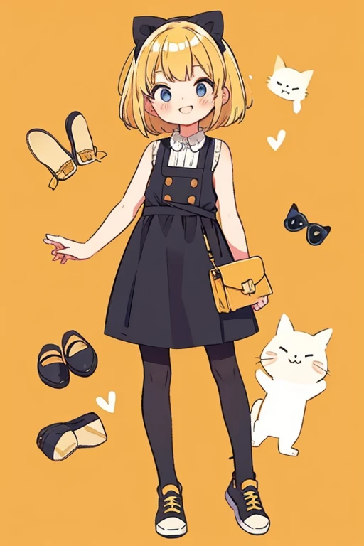 Impressive blonde girl 、Bob Hair、 black pantyhose 、 sleeveless、smile、 cute shoes and accessories、Keep one&#39;s knees、 blue eyes,  Bright Eyes , Droopy eyes,  eyes sparkle, blue clothes