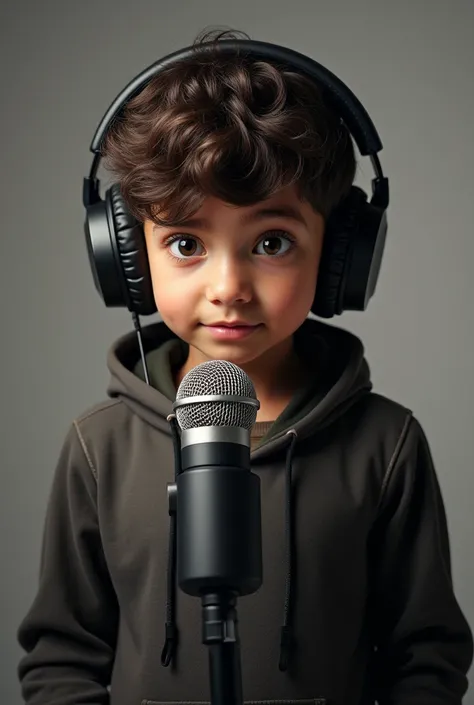 A picture of a boy with a microphone in front of him and headphones on 
Its ears
