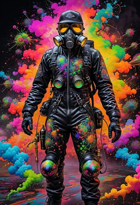 Mad Gasser. Mad Gasser of Mattoon, Wearing a gas mask with tinted goggles, Black hat, black cape, tight black leather suit, Compact backpack sprayer, Whole body all black. Brilliant steps. Intense psychedelic art, Trippy Poison gas art