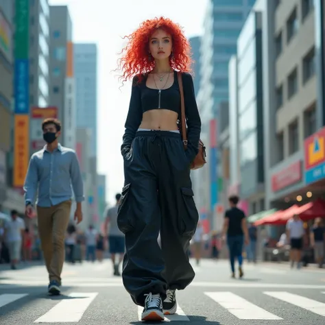  1 The girl is wearing oversized black pants ,  short top and high-soled sneakers.  She has red curly hair ,  medium length and blue eyes . 
 She is walking through Yokohama City , heading to the airport . 