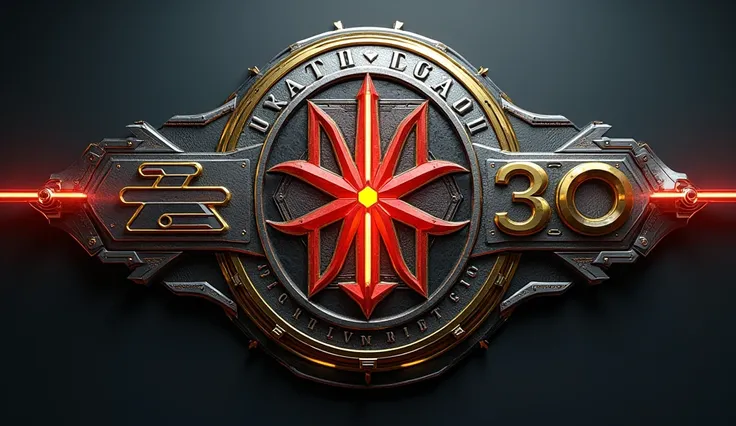  3D logo with deep detail,  medical service logo ,  medical red cross , Ukrainian trident ,  high quality, army, commander-in-chief,  lettering on the background number 30 , gold, titanium, in the style of the terminator, shine, yellow laser beams, blue la...