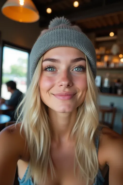 Beautiful blonde woman, coffee shop setting, gray beanie, perky , tank top, selfie, looking up at me