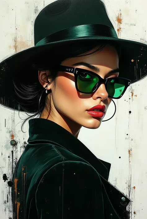 UNE PEINTURE CONTEMPORAINE ÉPOUSTOUFLANTE CAPTURE LESSENCE DUNE FEMME SEXY À LA MODE EN PROFIL PARTIEL.  SHES WEARING A FASHIONABLE HAT AND BOLD GREEN-TINTED GLASSES , accentuating his enigmatic expression. SON REGARD SE FIXE AU SPECTATEUR, INTRIGUING .  T...