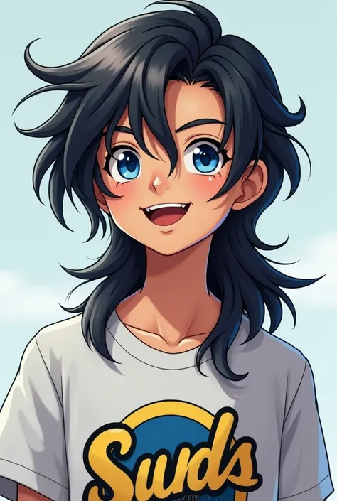 High Resolution, 1Boy, Solo, Long Hair, Smile, Open Mouth, Black Hair, Blue eyes,M logo shert