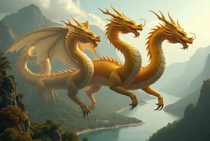 GOLDEN YELLOW THREE-HEADED DRAGON，cross