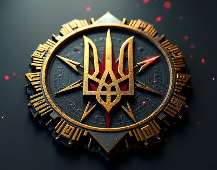  3D logo with deep detail,  medical service logo ,  medical red cross , Ukrainian trident ,  high quality, army, commander-in-chief,  lettering on the background number 30 , gold, titanium, in the style of the terminator, shine, yellow laser beams, blue la...