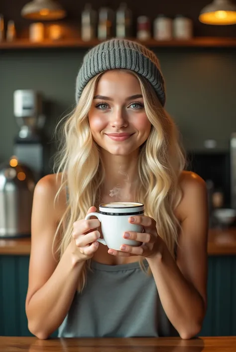 Beautiful blonde woman, coffee shop setting, gray beanie, perky , tank top, video , looking up at me