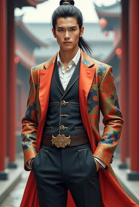  from the Three Kingdoms period wearing a Sichuan pattern,A young man wearing a killer suit 