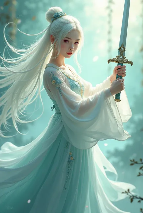 A Chinese girl of 25 years old with pale skin , white long hair,  nipples with pink eyes ,  in light turquoise with elements of dark green hanfu ,  with a large two-handed sword in the style of drawing the blessing of celestials 