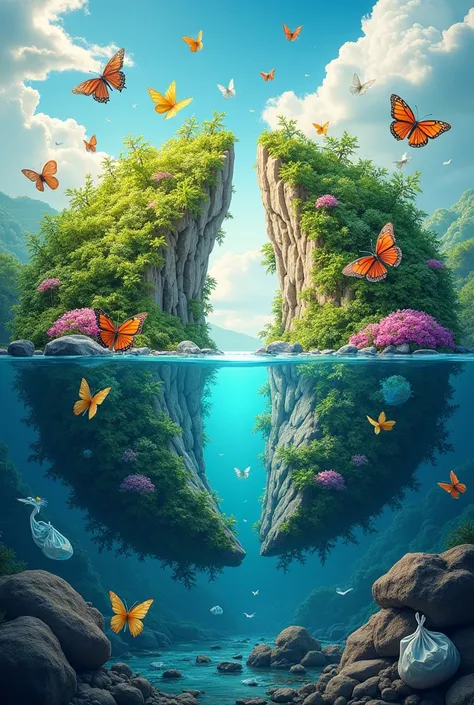  The poster divides the image into two parts . Side,  Heres a vibrant picture,  A healthy planet ,Covered with dense vegetation, Clean rivers ,  and thriving wildlife .  The planet on the other side is completely deserted , are occupied by plastic ,  There...