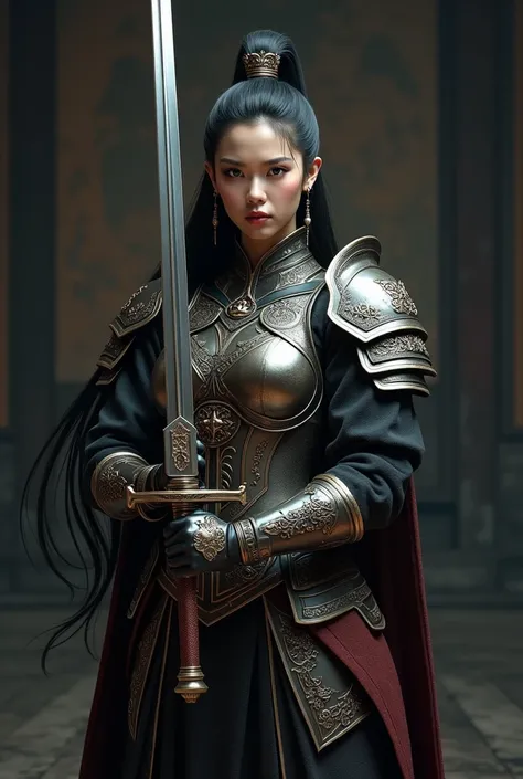 an asian woman with jaw dropping beauty in armor holding a sword in a dark room, concept art inspired by Magali Villeneuve, cgsociety contest winner, fantasy art, beautiful female knight, fantasy paladin woman, of a beautiful female knight, gorgeous female...