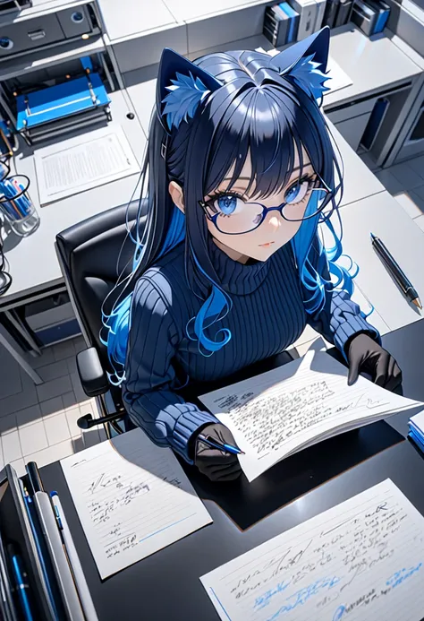 8K Ultra High-Quality, ultra-detailed, High quality, dark blue hair, Blue inner layer hair, blue eyes, long hair, Cat ears, glasses, gloves, turtle neck sweater, opened jacket, close up, full body, above view, looking away from viewer, writing on paper, si...