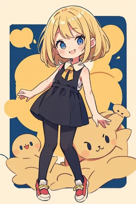 impressive blonde woman 、Bob Hair、 black pantyhose 、 sleeveless、smile、 cute shoes and accessories、Keep one&#39;s knees、 blue eyes,  Bright Eyes , Droopy eyes,  eyes sparkle,  in metallic blue clothes