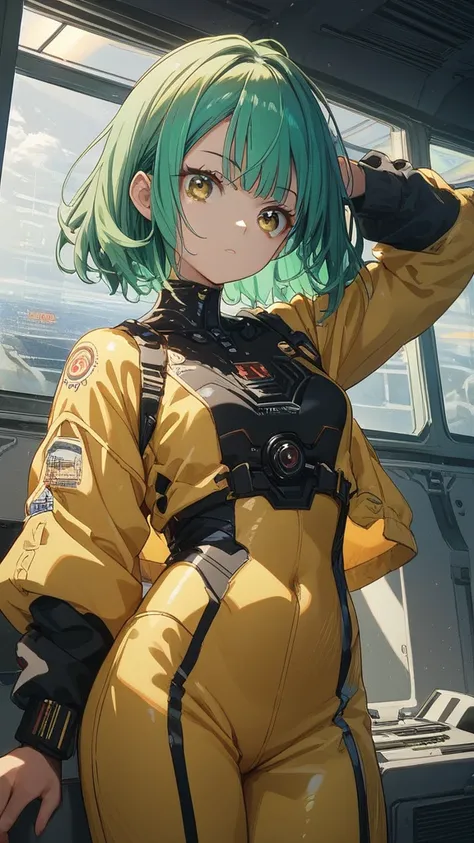 anime face, looking at camera, fromt pose anime girl with shoulder-length green hair and warm brown eyes, dressed in a sleek, black-and-yellow space pilot suit with metallic patches on her shoulders. She’s leaning back with her hands behind her head, looki...